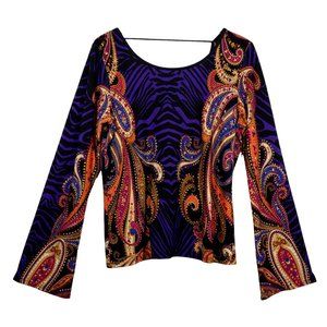 Venus Paisley Open Tie Back Top Size Large Multicolor Long Sleeve Blouse EUC